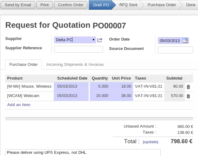 Super Simple Software BusinessCenter Purchase Request For Quotations. SuperSimpleSoftware Business Center erp for purchase department
